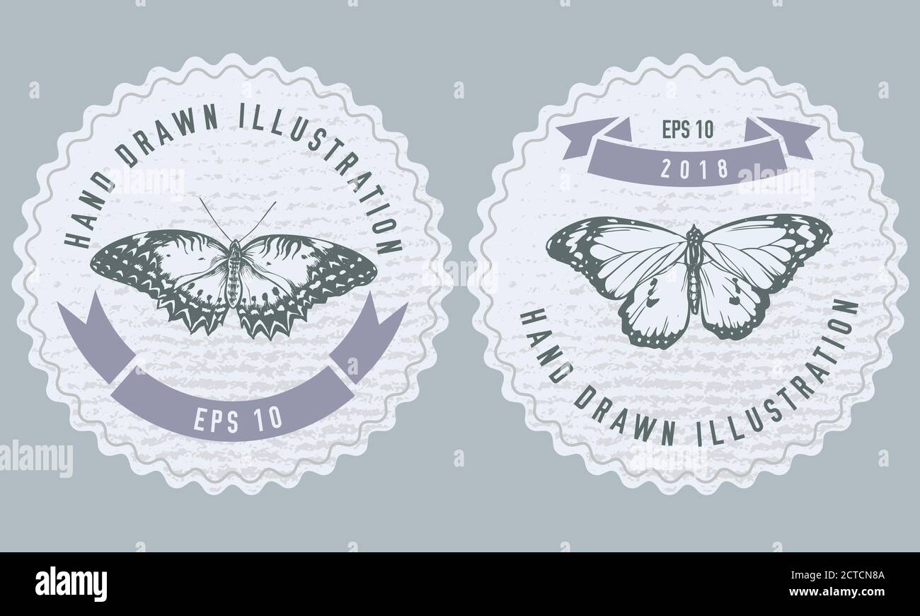 Design delle etichette monocromatiche con illustrazione di un lacewing rosso, tigre semplice Illustrazione Vettoriale