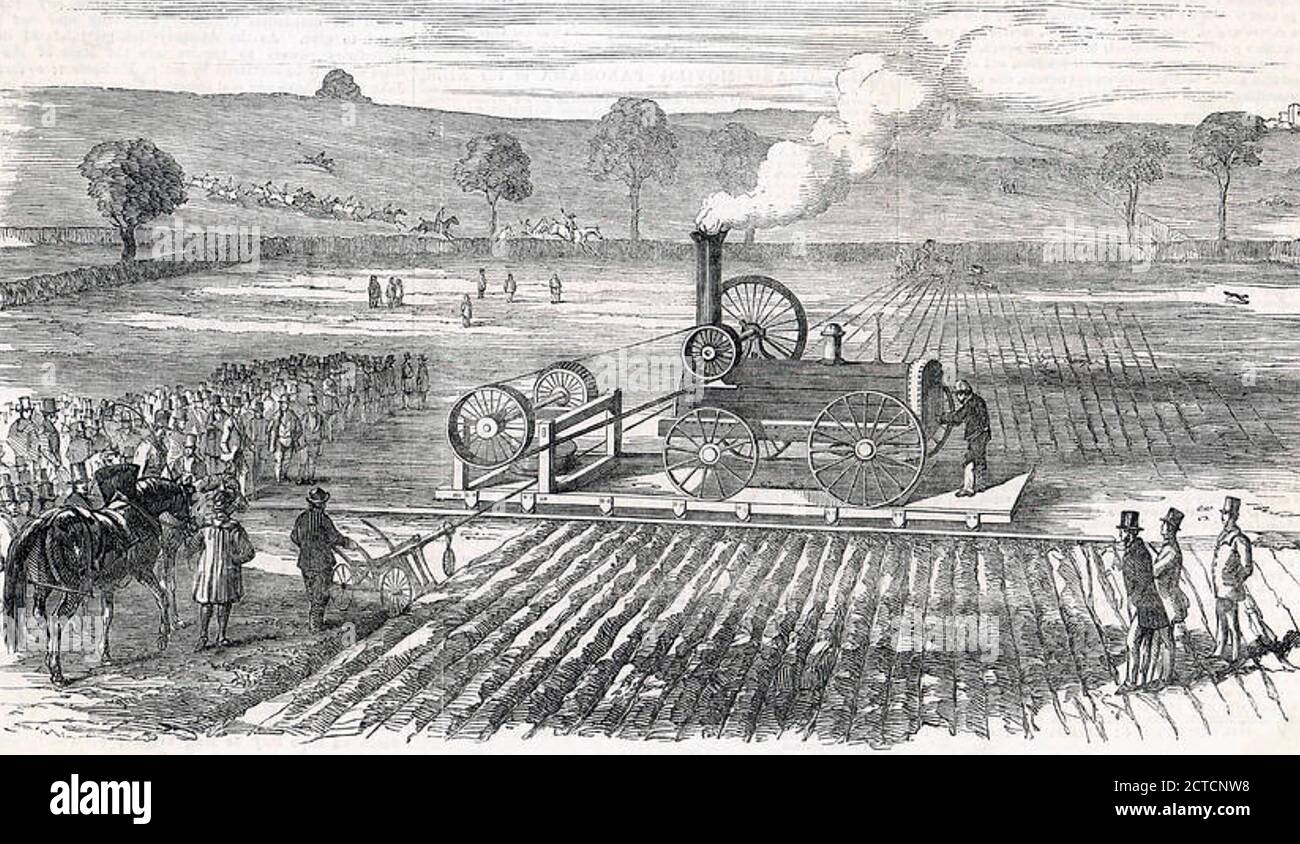 Dimostrazione DI ARATURA A VAPORE a Grimsthorpe, Lincolnshire, Inghilterra, nel 1861 su una proprietà di Lord Willoughby D'Eresby Foto Stock