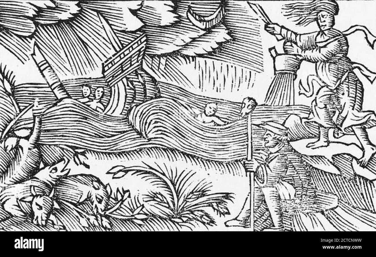 STREGA che infuriava una tempesta e un naufragio mettendo una pentola in mare ammirata da una strega maschile con un cranio. Incisione scandinava del legno del 1555. Foto Stock