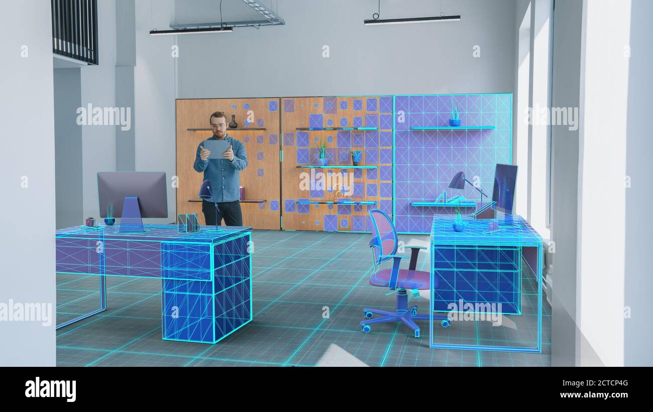 New Home Office: Modern Interior Designer utilizza Augmented Reality Software sul computer Digital Tablet per scegliere il mobile 3D per il suo accogliente ufficio domestico Foto Stock