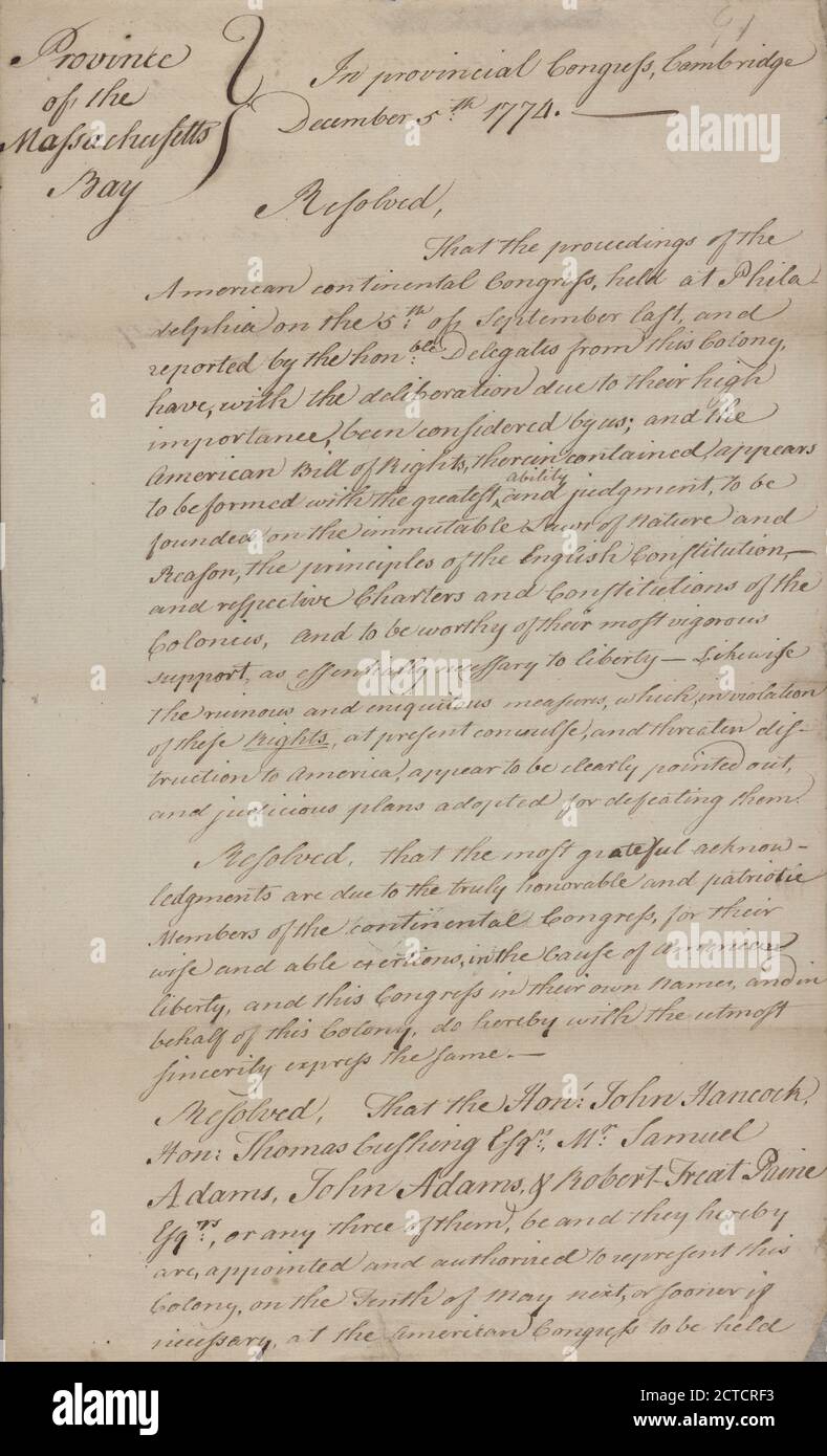 Documento, testo, documenti, 1774, Massachusetts (Provincia). Congresso Provinciale Foto Stock