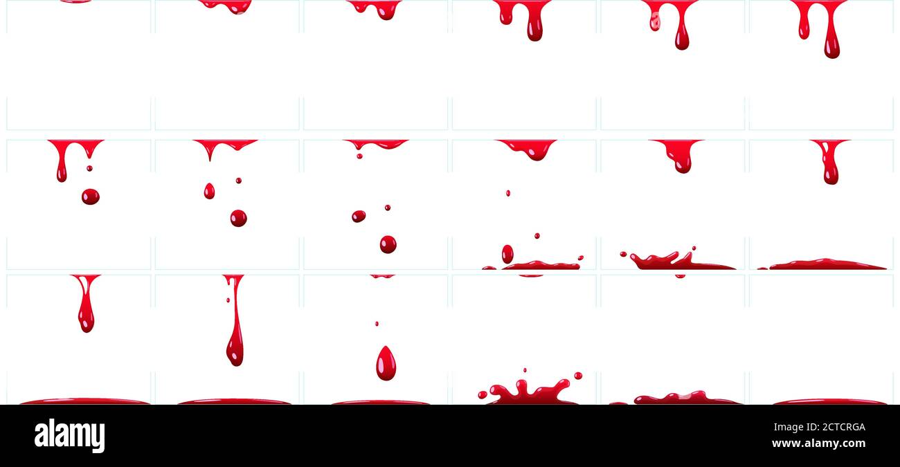 Animazione gocciolamento di sangue. Spruzzi di vernice rossa per la scena di gioco, omicidio o crimine con spruzzi sanguinosi, decorazione horror halloween per la festa i Illustrazione Vettoriale