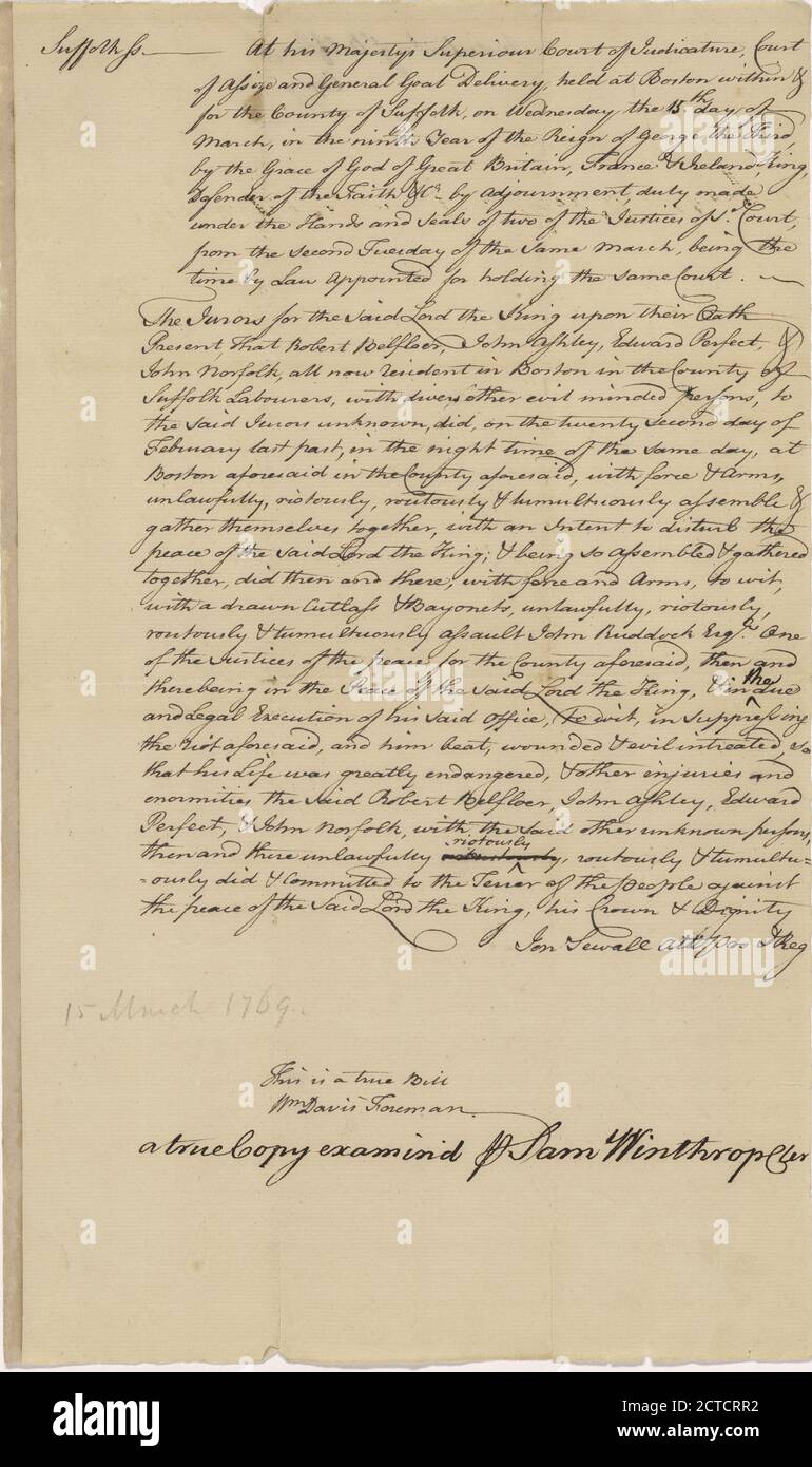 Incriminazione di operai vari per riot, testo, documenti, 1769, Adams, Samuel, 1722-1803 Foto Stock