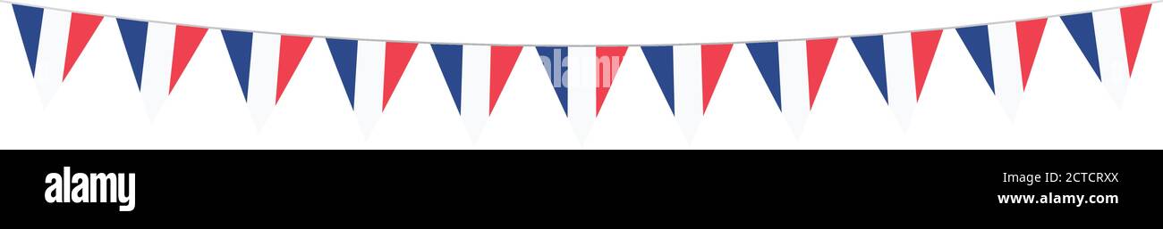 Festa nazionale francese. Bandiere francesi con strisce e colori nazionali. Tricolore. 14 luglio. Banner. Ghirlande. Pennants. Illustrazione Vettoriale