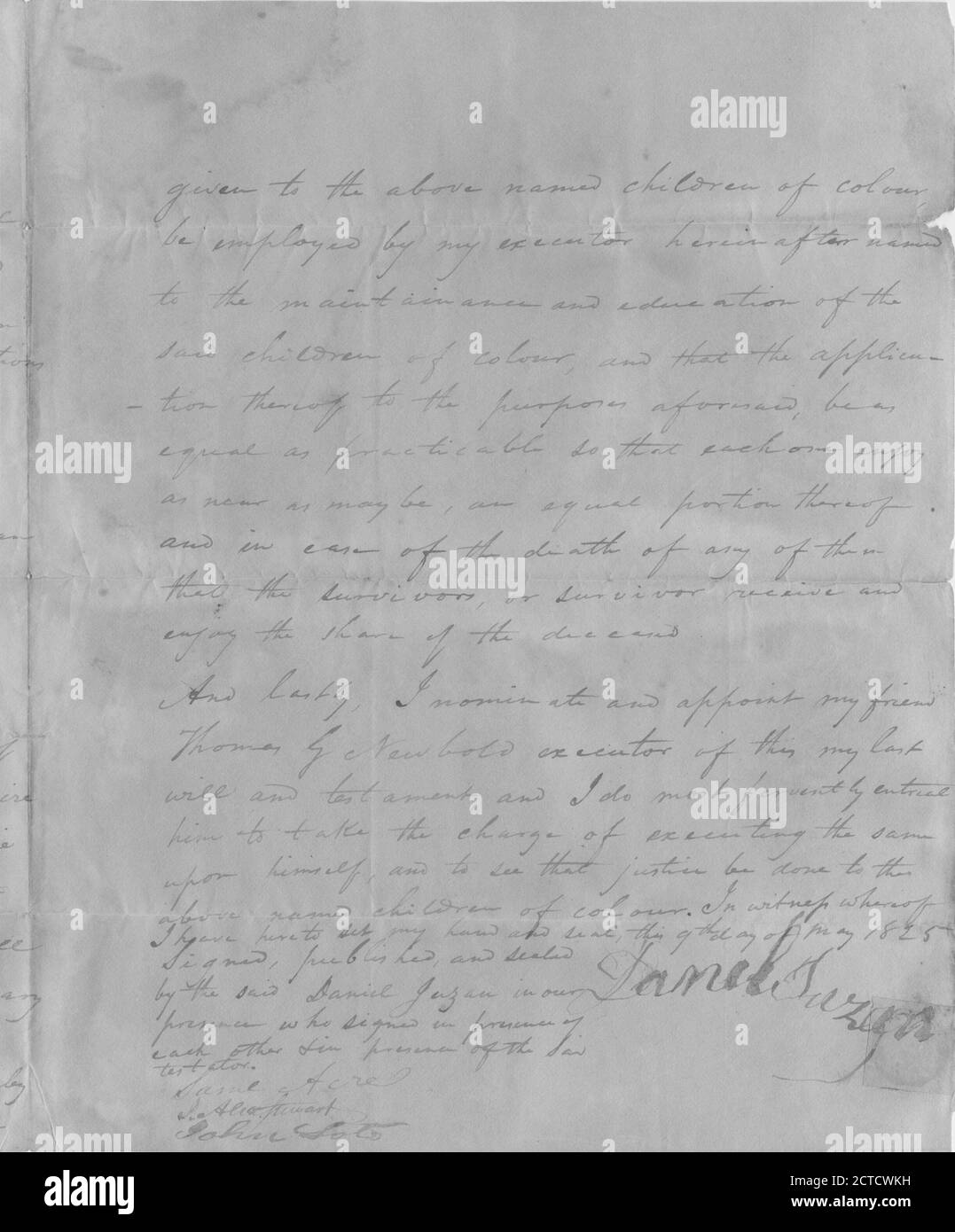 Volontà e testamento di Daniel Juzan, testo, documenti, 1825 Foto Stock
