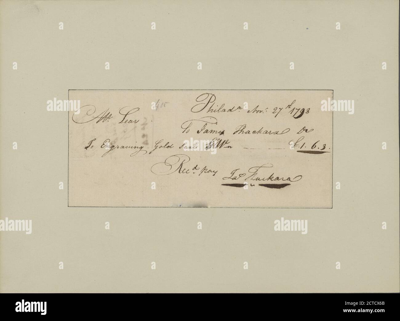 Ricevuta firmata da James Thackara contro Tobias Lear, testo, documenti, 1798 Foto Stock