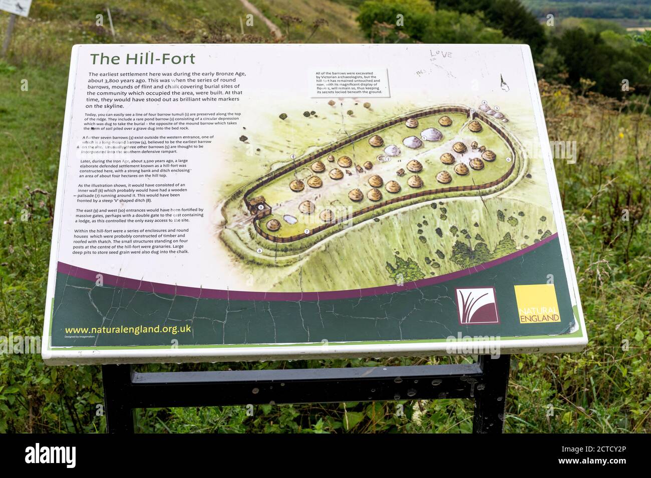 Informazioni turistiche su Hill-Fort a Old Winchester Hill, South Downs National Park, Hampshire, Inghilterra, Regno Unito Foto Stock
