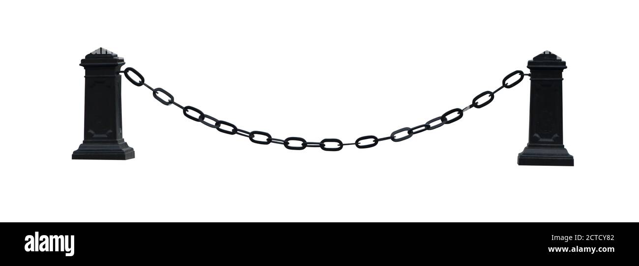 Catena metallica allungata tra i pilastri su sfondo bianco Foto Stock