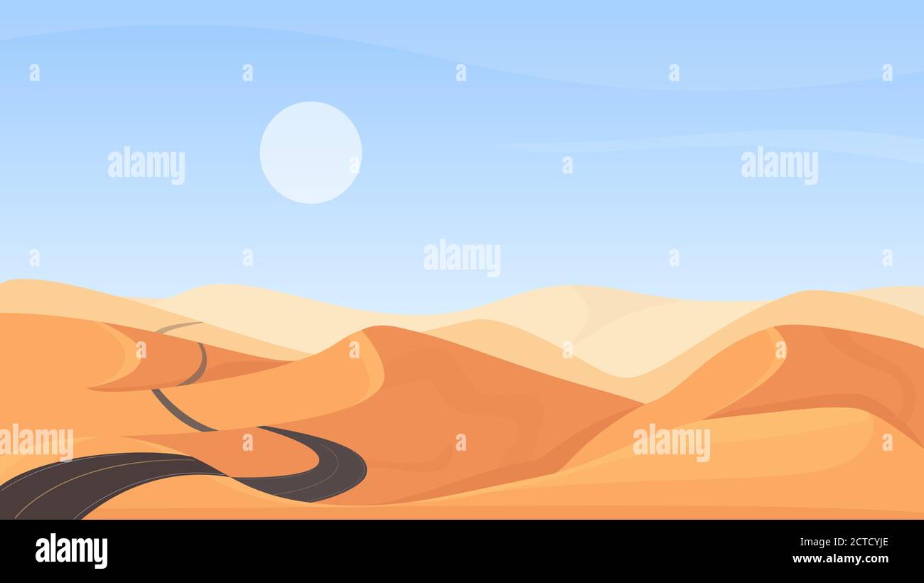 Illustrazione del paesaggio naturale del deserto egiziano vettore. Cartoon pianeggianti dune di sabbia deserte, calda valle natura selvaggia di terre egiziane e asfalto vuota strada attraverso colline di arenaria a sfondo orizzonte Illustrazione Vettoriale
