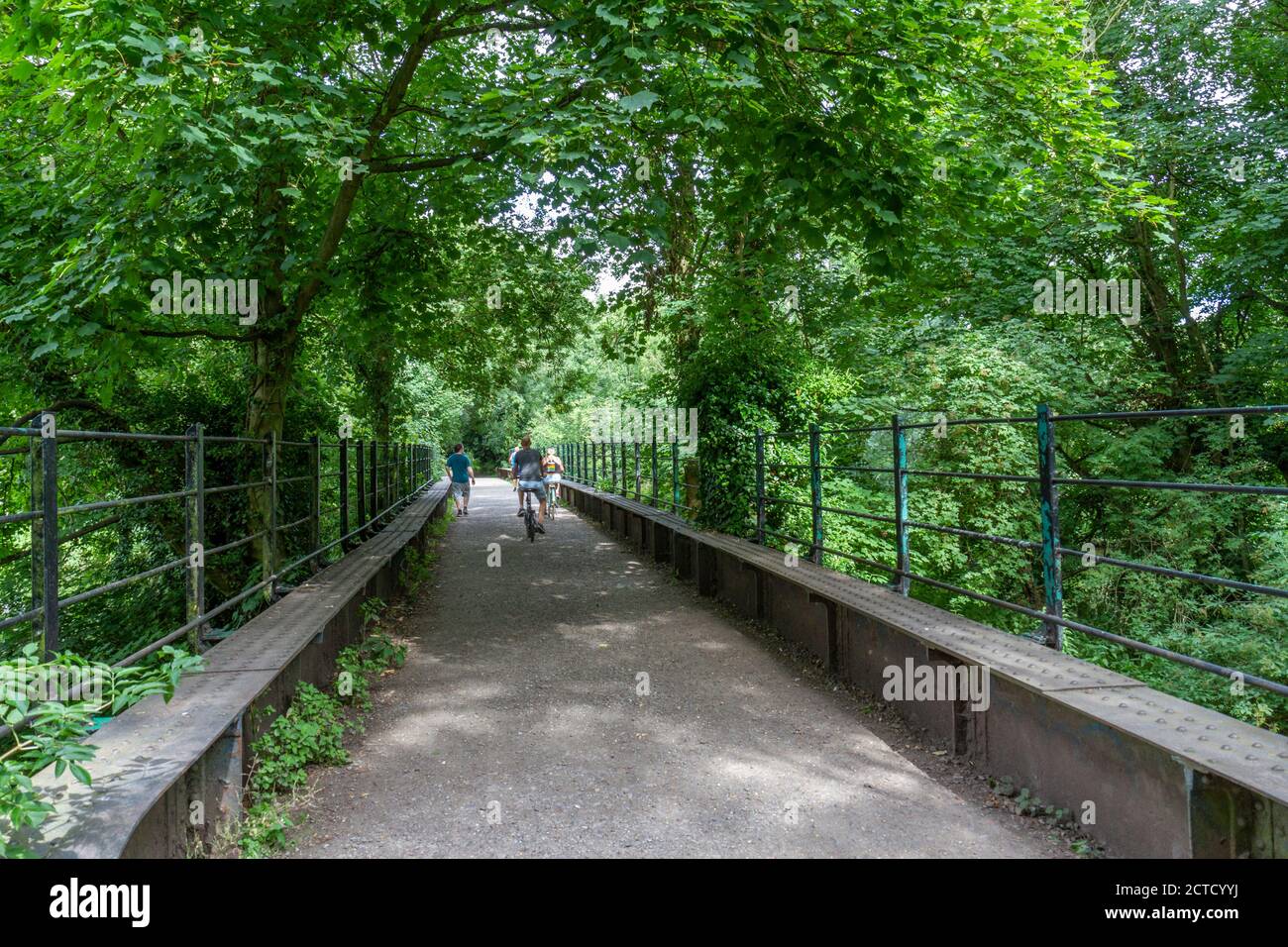 Ciclisti e escursionisti su un sentiero lungo una linea ferroviaria ex Sudbury, una città mercato a Suffolk, Regno Unito. Foto Stock