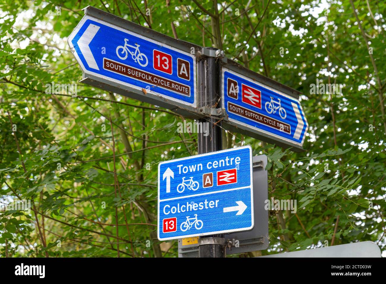 South Suffolk Cycle Route indicazioni su un posto a Sudbury, una città mercato a Suffolk, Regno Unito. Foto Stock
