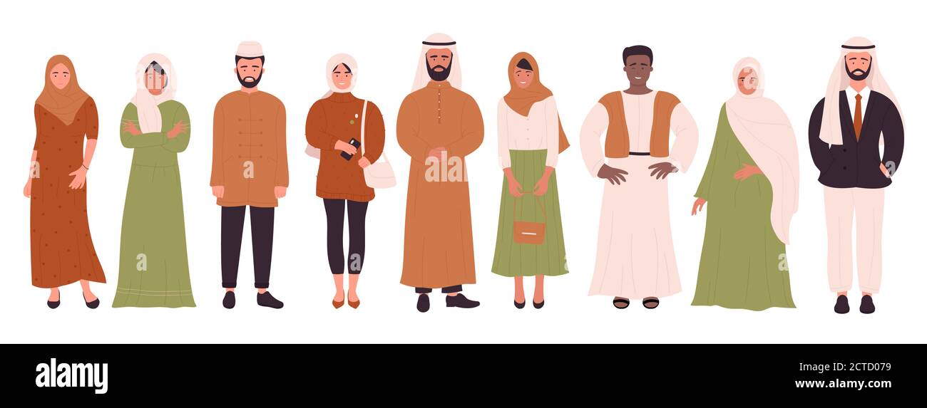Musulmani persone insieme di illustrazione vettoriale. Cartoon piano felice uomo musulmano donna personaggi in diversi vestiti in piedi insieme in fila, religioso islamico giovani collezione isolato su bianco Illustrazione Vettoriale