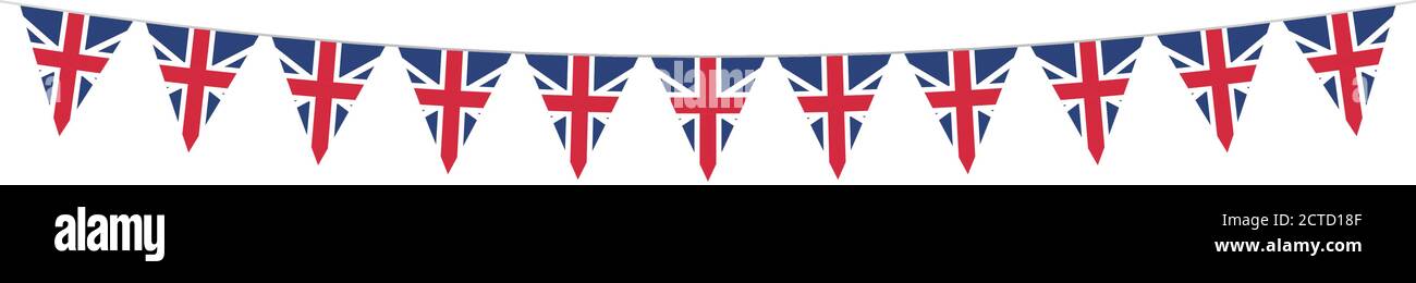 Festa nazionale britannica. Bandiere britanniche con strisce e colori nazionali. Martinetto di raccordo. Memorial Day. Banner. Ghirlande. Pennants. Illustrazione Vettoriale