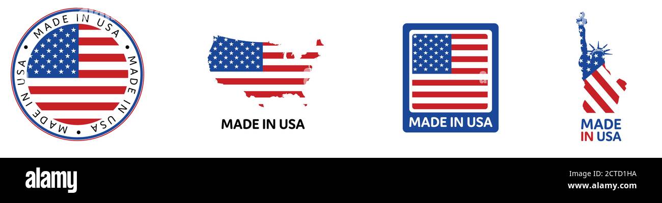 Festa nazionale americana. Set di icone Made in USA. BANDIERE AMERICANE con stelle americane, strisce e colori nazionali. Illustrazione Vettoriale