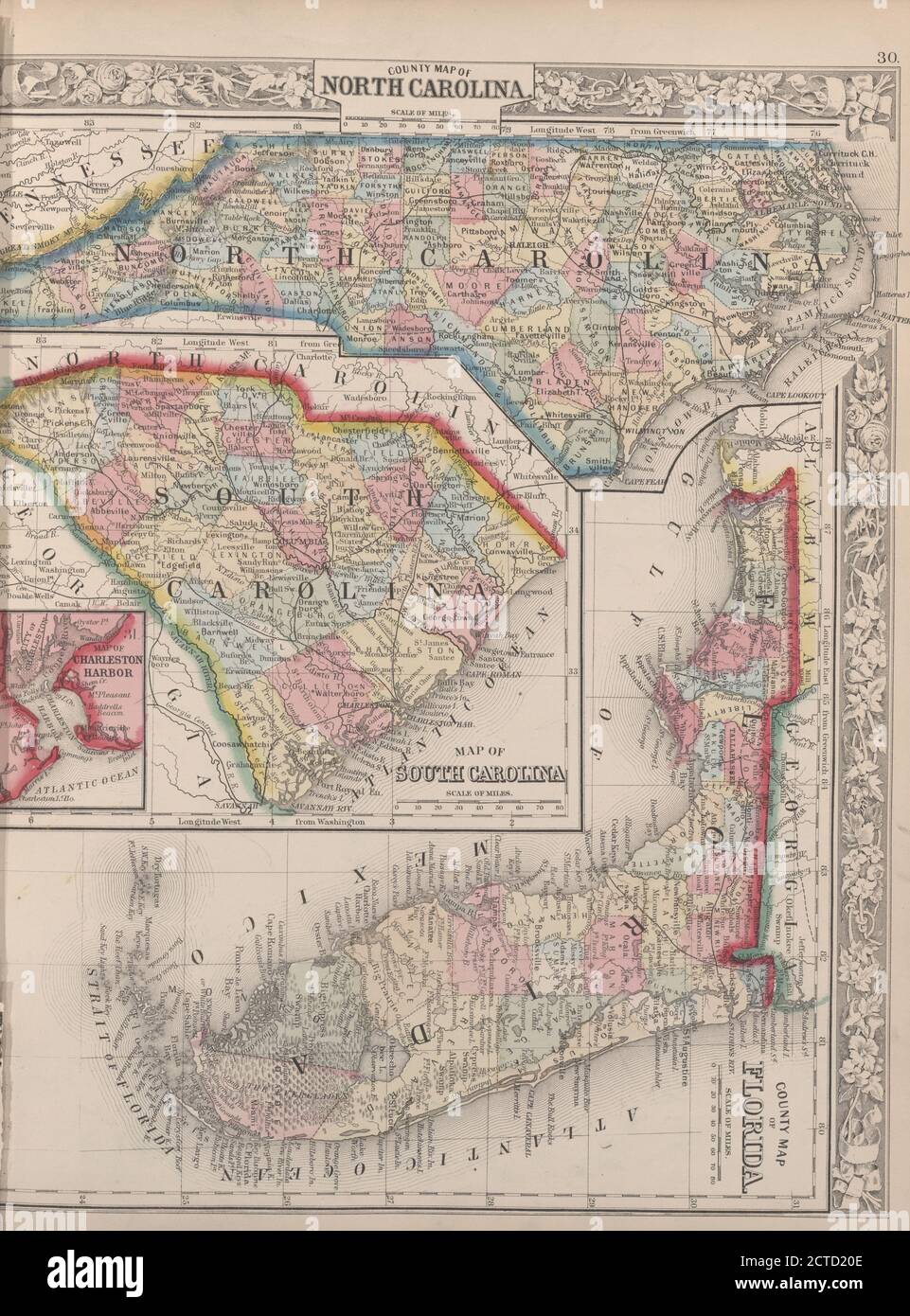 Mappa della contea del North Carolina, Mappa della Carolina del Sud, Mappa della contea della Florida ; Mappa della baia di Charleston, immagine fissa, Mappe, 1863, Mitchell, S. Augustus (Samuel Augustus) (1792-1868 Foto Stock