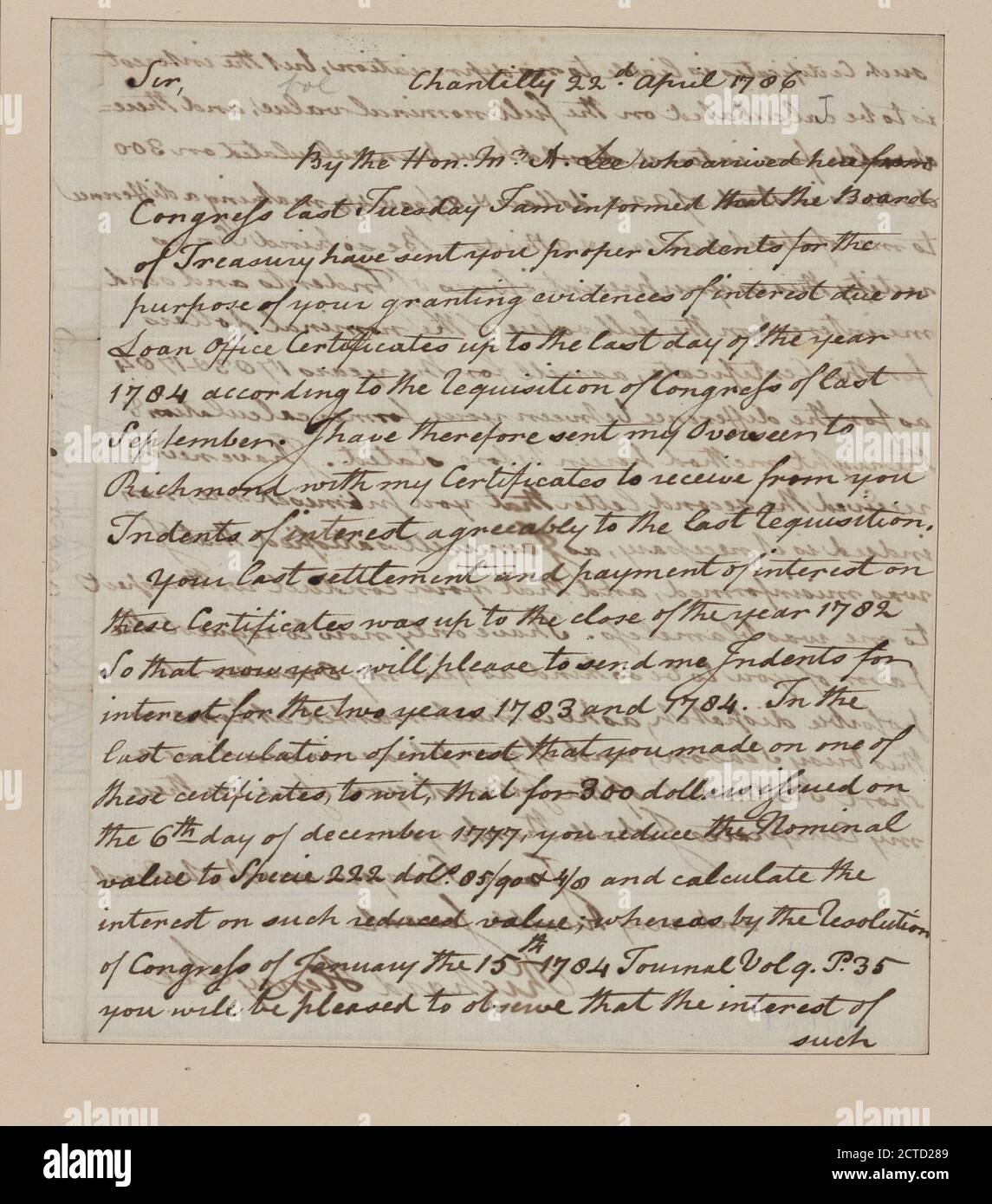 Lettera a John Hopkins, Richmond, testo, documenti, 1786, Lee, Richard Henry, 1732-1794 Foto Stock
