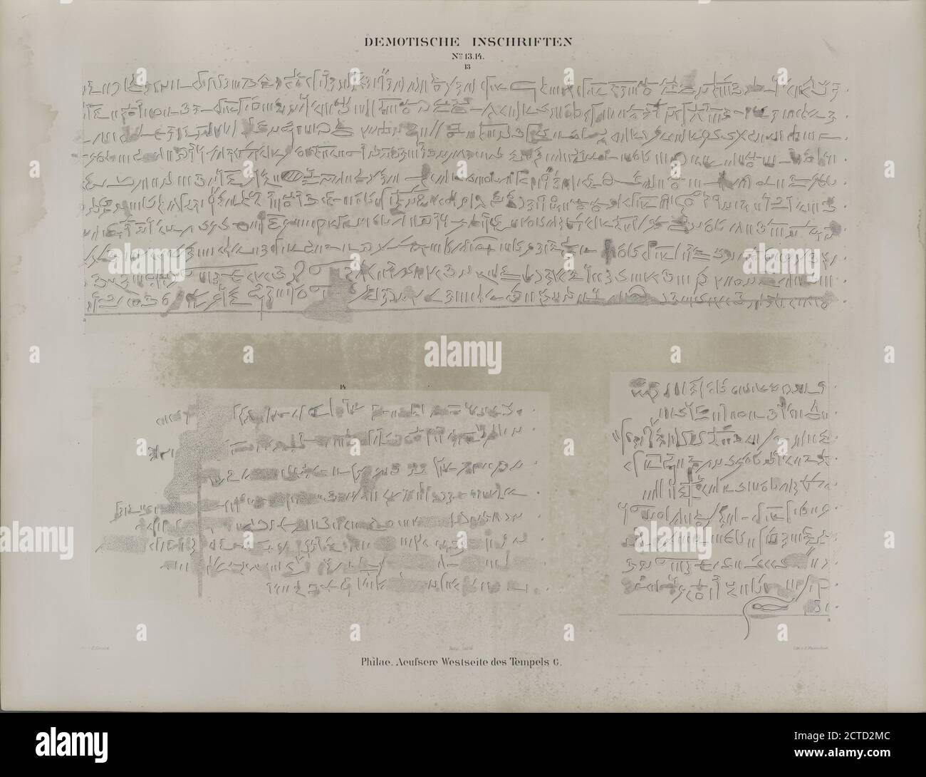 Demotische Inschriften No. 13, 14. Philae. Aeussere Westseite des Tempels G., Still Image, Prints, 1849 - 1856, Lepsius, Richard, 1810-1884, Eirund, E., Weidenbach, Ernst (1818-1882 Foto Stock