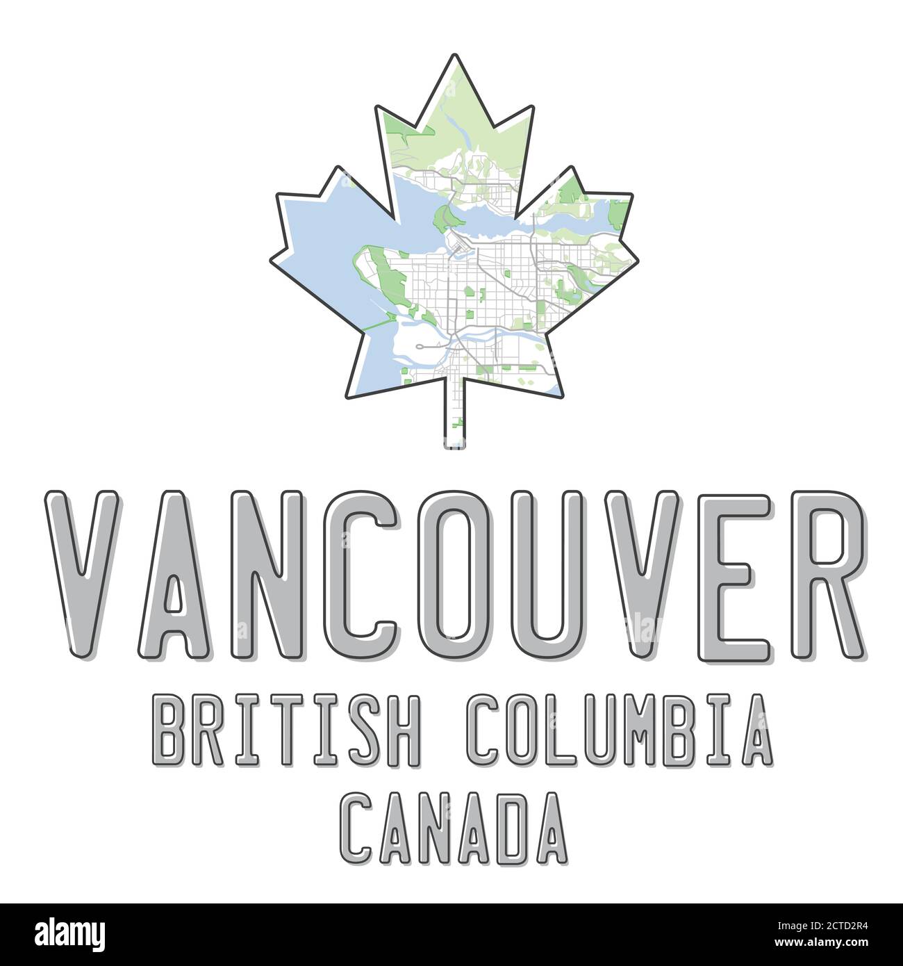 Mappa di Vancouver all'interno della foglia d'acero. Testo centrato sotto 'Vancouver, British Columbia, Canada'. Concept per orgogliosi di vivere a Vancouver. Vettore. Illustrazione Vettoriale
