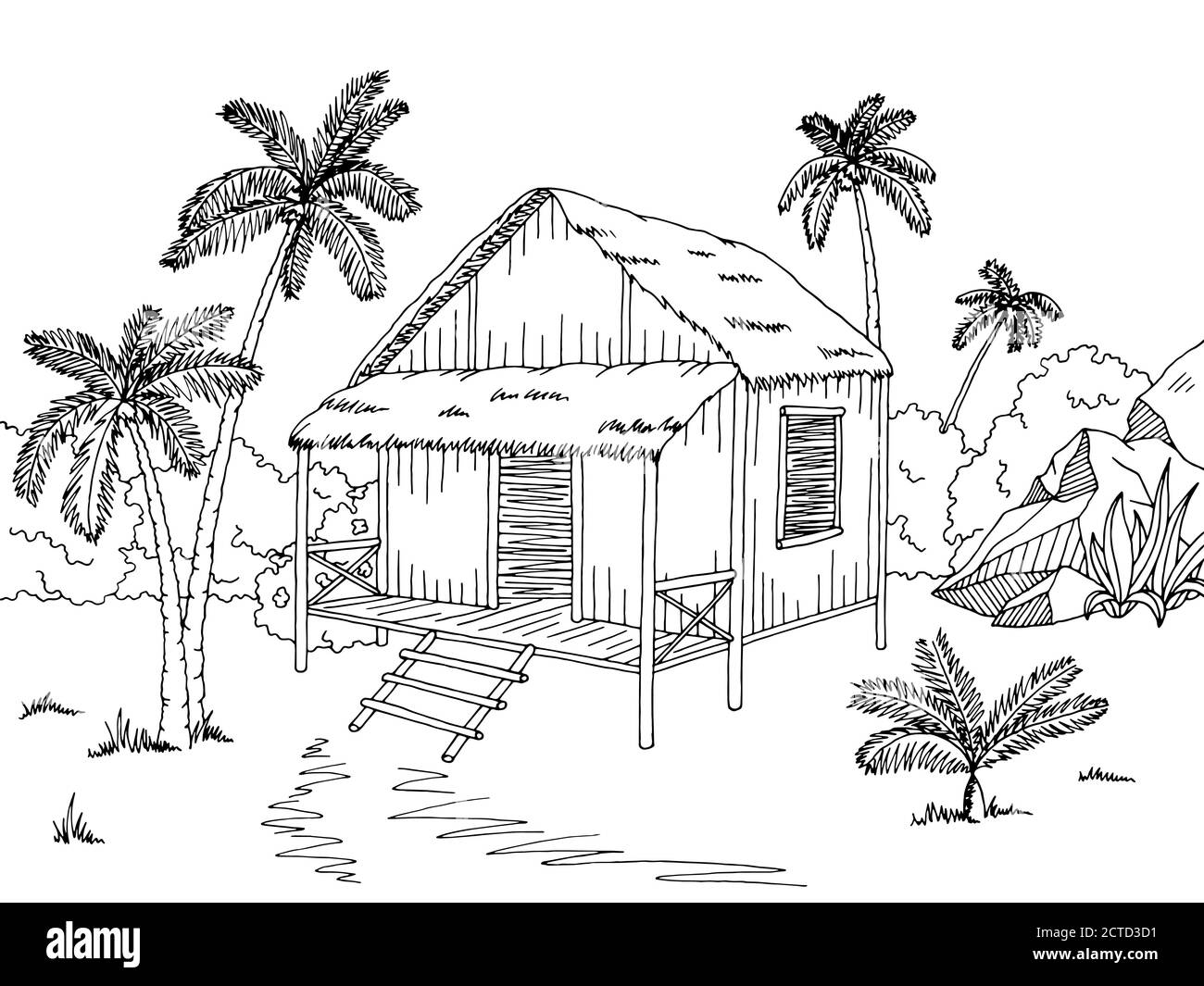 Jungle Hut casa grafica nero bianco schizzo illustrazione vettore Illustrazione Vettoriale