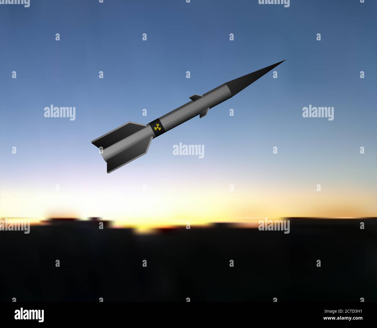 Un missile nucleare vola nel cielo. Illustrazione vettoriale. Tecnologia militare radioattiva. Illustrazione Vettoriale