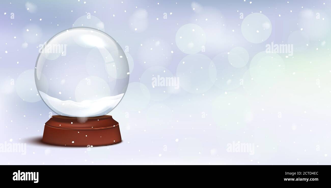 Natale cristallo neve globo con sfondo cielo. Natale allegro realistico, palla di vetro tradizionale di nuovo anno con fiocchi di neve. Vettore invernale magico Illustrazione Vettoriale