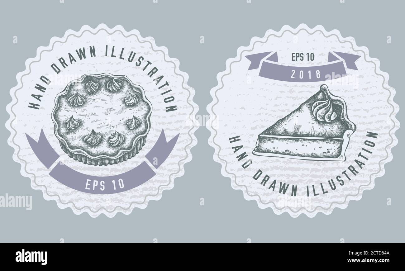 Design delle etichette monocromatiche con illustrazione della torta di zucca Illustrazione Vettoriale