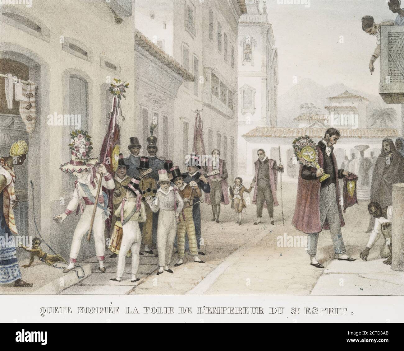 quête nommée la folie de l'empereur du St. Esprit; Drapeau et pavillon brésiliens., Still image, Prints, 1834 - 1839, Debret, Jean Baptiste (1768-1848 Foto Stock