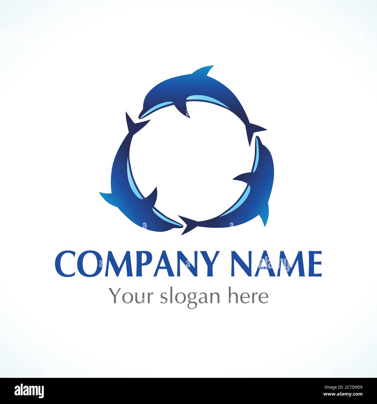 Tre delfini che saltano intorno al logo circolare. Mare, logo vettoriale di viaggio. Marcare a caldo di hotel, commercio turistico, spa, servizio di spiaggia, sanità, ricorso Illustrazione Vettoriale