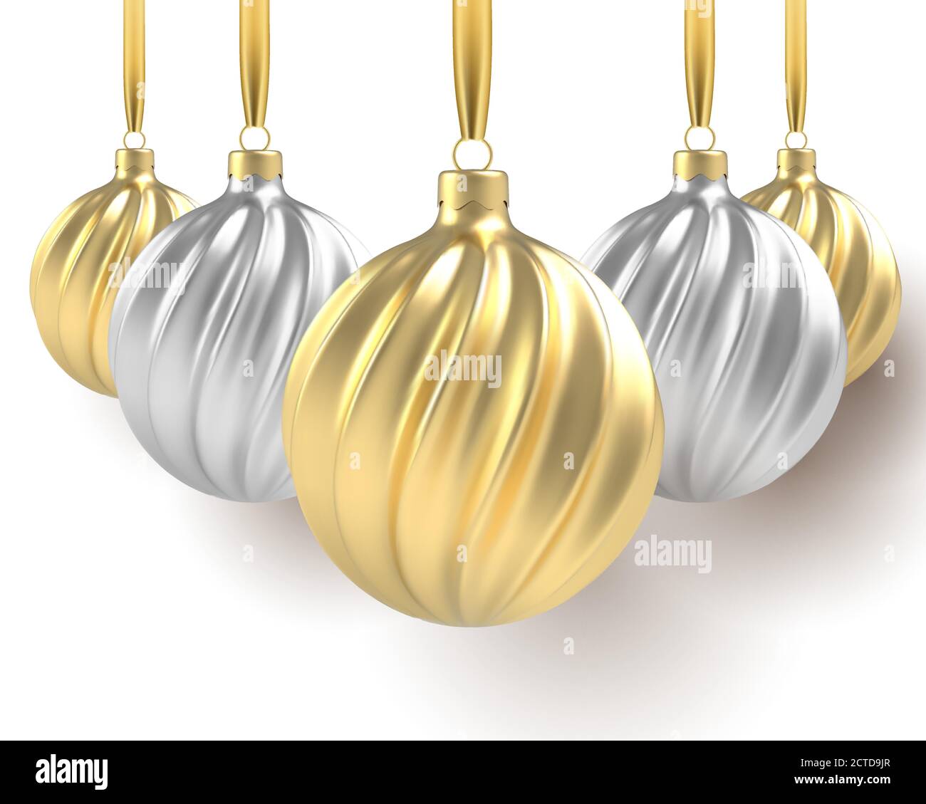 2021 Felice Anno Nuovo. Giocattoli dell'albero di Natale in argento e oro, palline a spirale su sfondo bianco. Illustrazione vettoriale Illustrazione Vettoriale