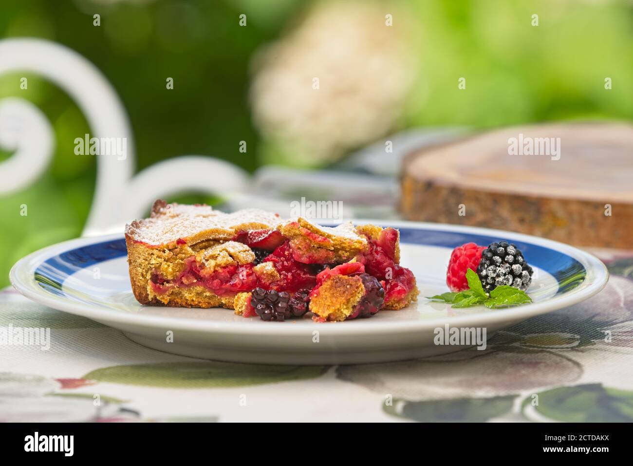 Pasta frolla di mirtillo rosso e mora, fetta di torta di frutta estiva fatta in casa. Foto Stock