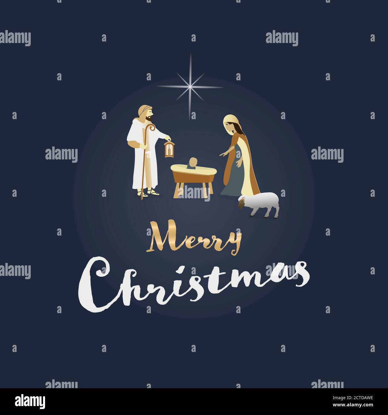 Tempo di Natale. Presepe con Maria, Giuseppe e Gesù bambino. Testo : buon Natale Illustrazione Vettoriale