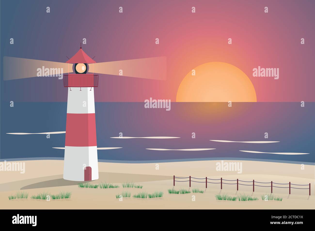 Paesaggio estivo. Mare del Nord il tramonto con faro e dune. Illustrazione Vettoriale