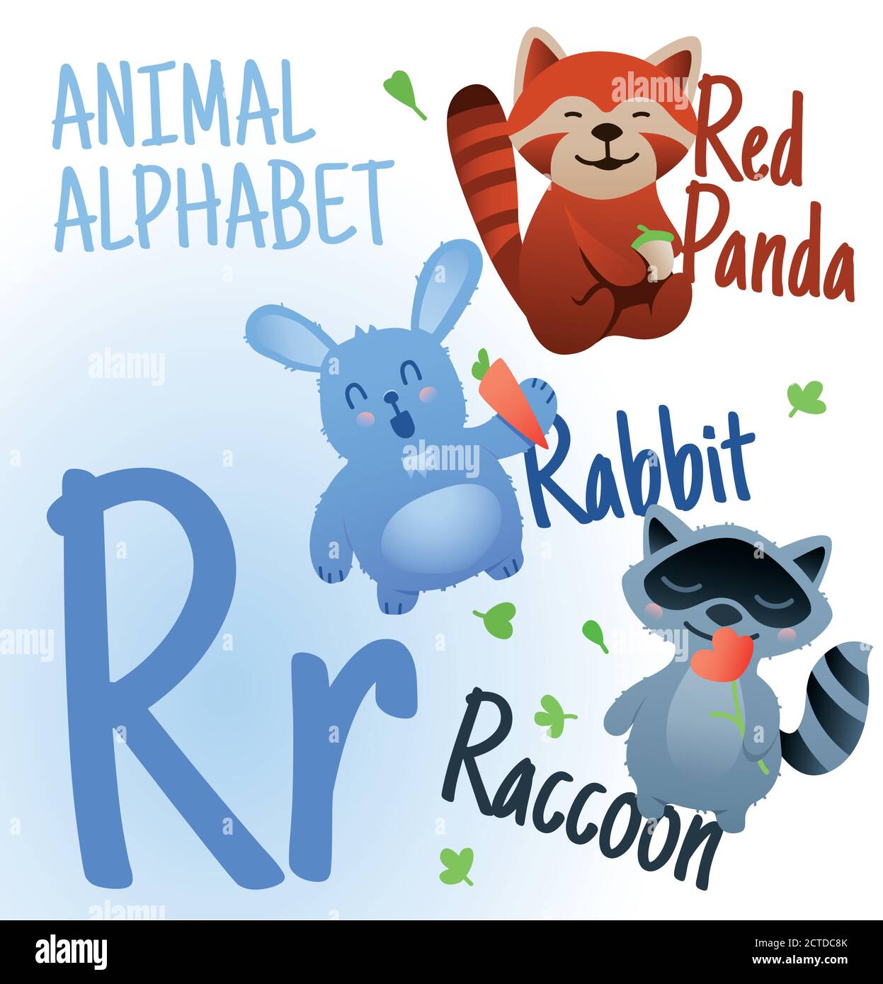 Alfabeto animale in vettore. Lettera R. Molto carino cartone animato animali Raccoon, coniglio, Panda Rossa. Illustrazione Vettoriale