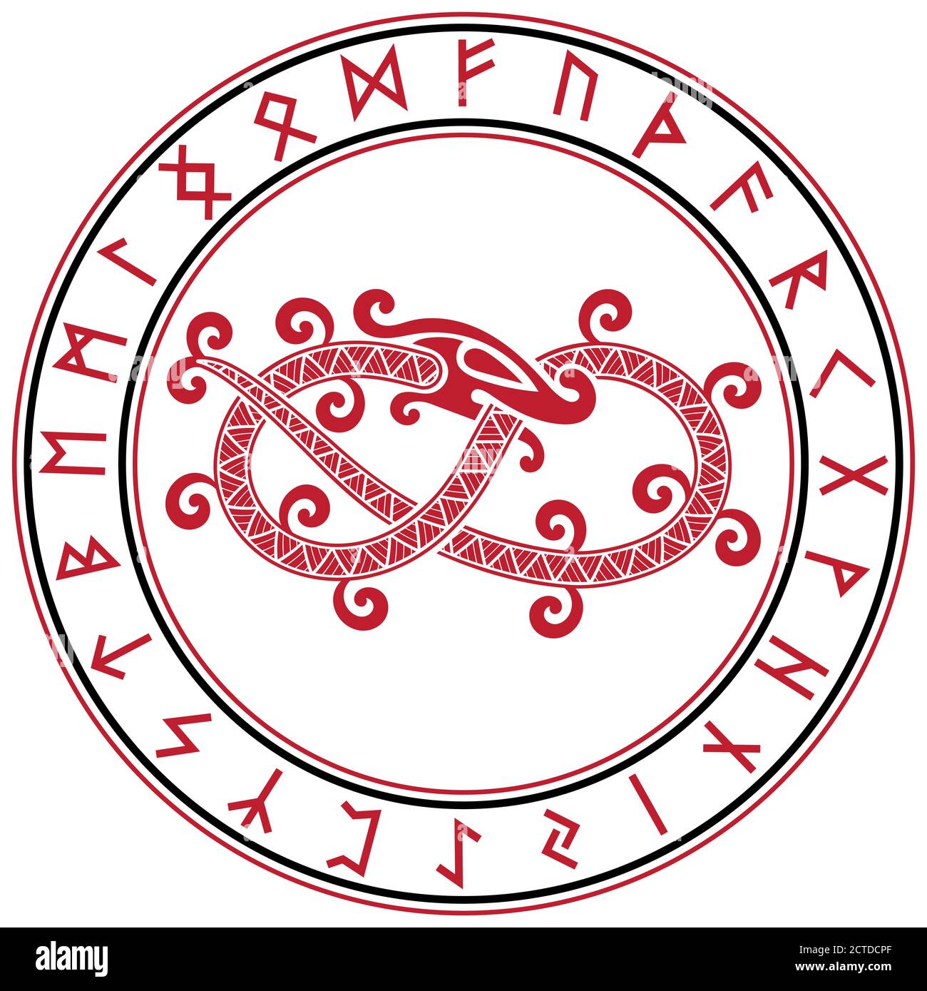 Design scandinavo. Il mitico serpente Jormungand e un cerchio di antichi simboli scandinavi rune Illustrazione Vettoriale