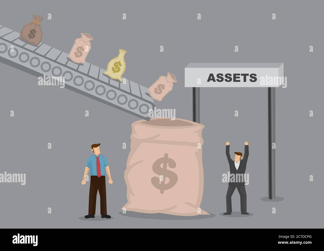 Sacchi di soldi che cadono dai macchinari ad un sacco di soldi grande. Illustrazione vettoriale cartoon sul concetto di macchina facile per fare soldi e automazione del profitto. Illustrazione Vettoriale