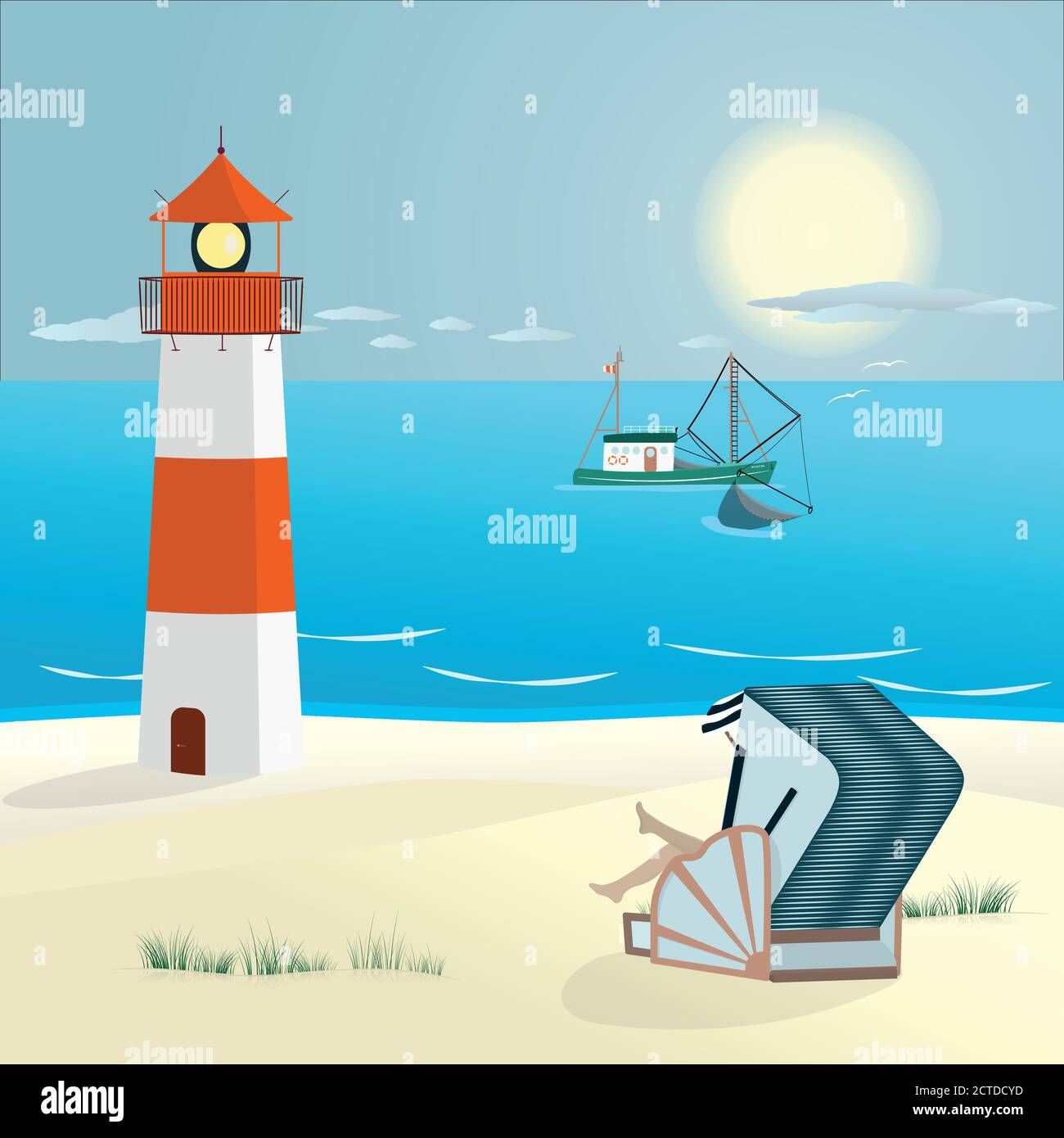 Paesaggio estivo. Mare del Nord presso la spiaggia con il faro, donna in vimini con tetto di sdraio sulla spiaggia e la tipica barca da pesca. Illustrazione Vettoriale