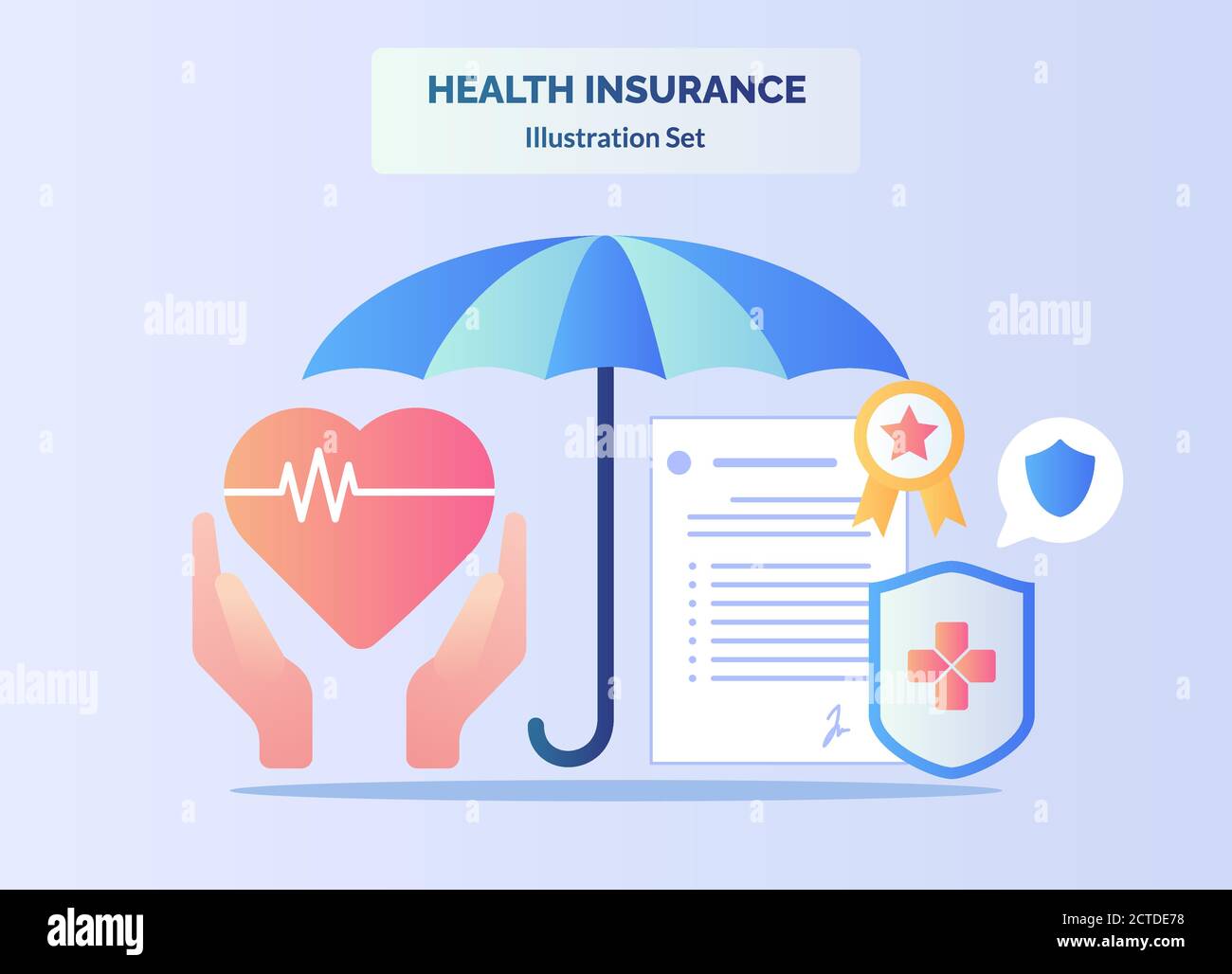 Concetto di assicurazione medica ombrello mano su certificato lettera accordo cardiaco con stile piatto cartone animato. Illustrazione Vettoriale