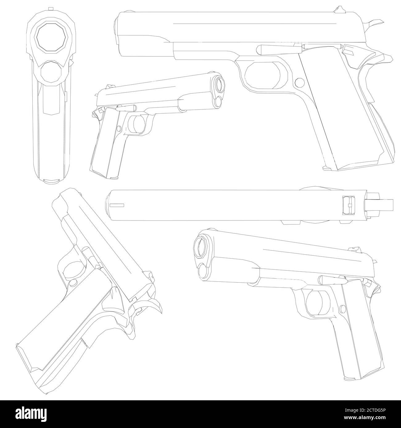 Set con un contorno di una pistola a 1911 colli. Contorno di una pistola in diverse posizioni isolate su sfondo bianco. 3D. Illustrazione vettoriale Illustrazione Vettoriale
