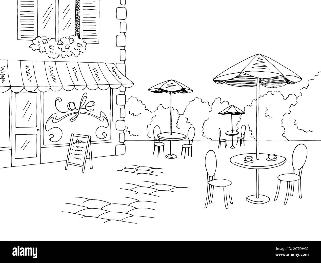 Street cafe grafico bianco nero illustrazione schizzo vettore Illustrazione Vettoriale