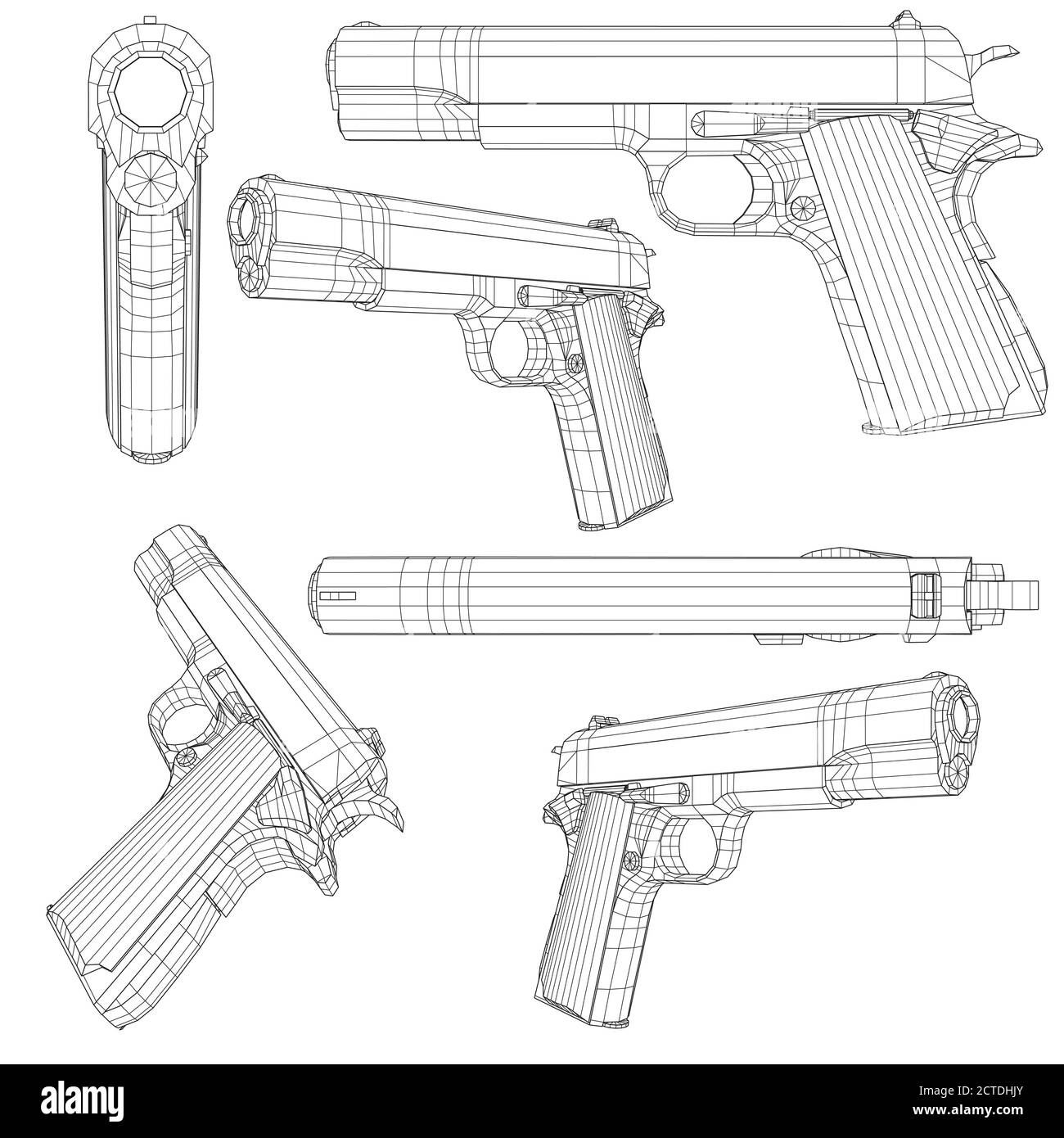 Set con una pistola a poli bassa Colt 1911. Struttura a reticolo di una pistola in posizioni diverse, isolata su sfondo bianco. 3D. Illustrazione vettoriale Illustrazione Vettoriale