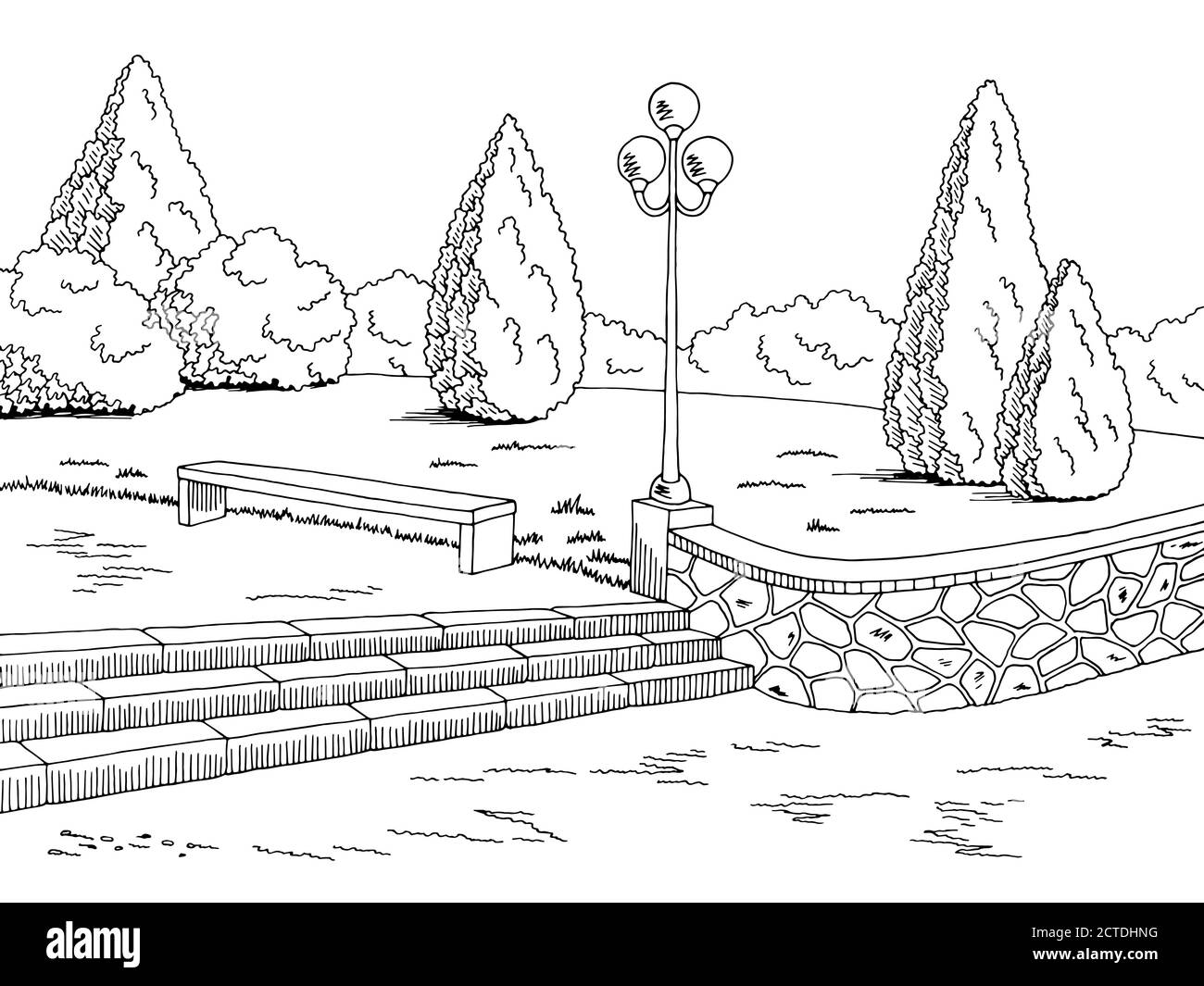 Park grafico nero bianco lampada da banco disegno orizzontale vettore Illustrazione Vettoriale