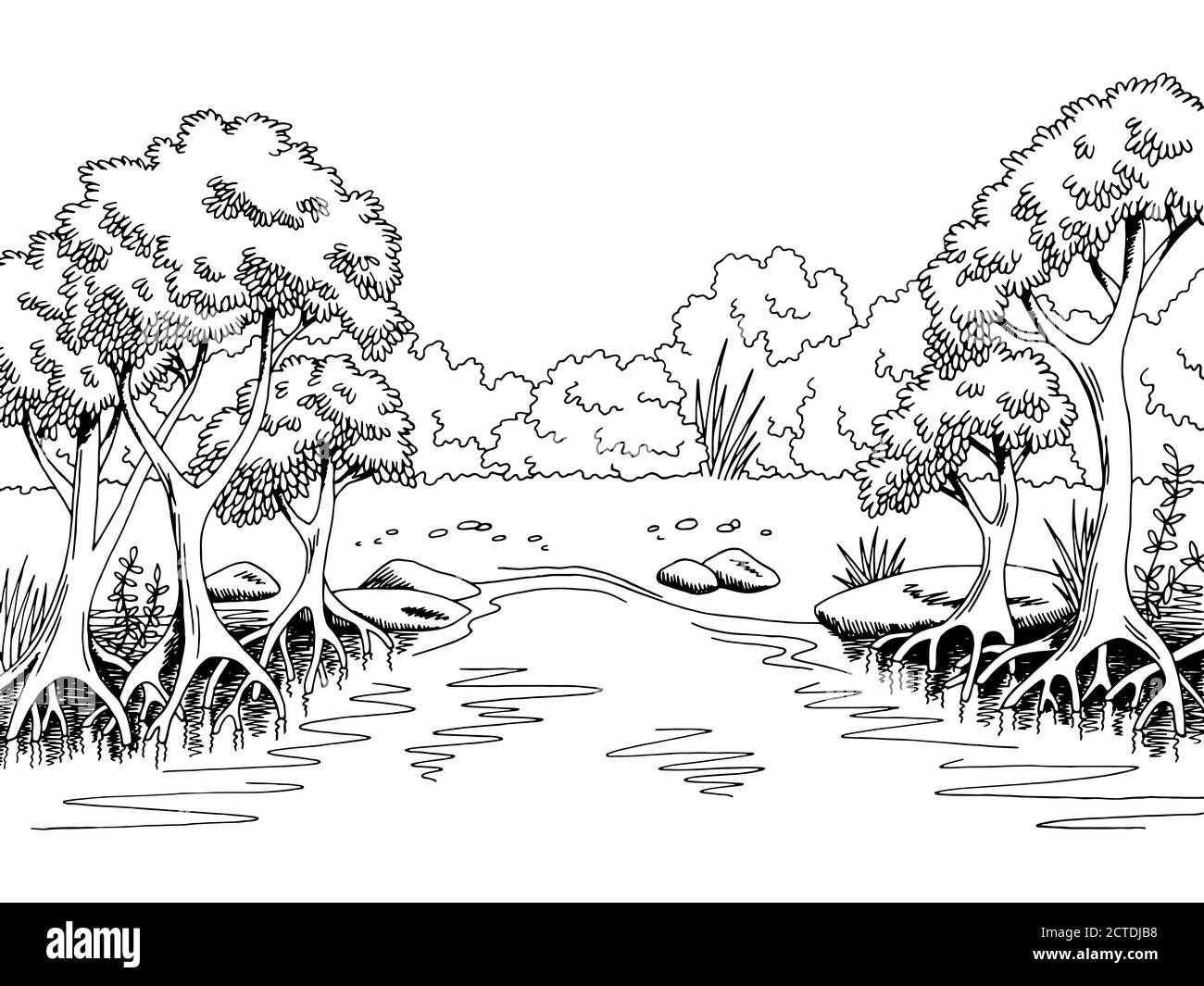 Giungla foresta fiume grafica nero bianco paesaggio illustrazione vettore Illustrazione Vettoriale