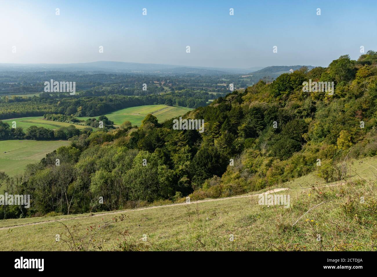 Vista del paesaggio da Colley Hill nella zona di Surrey Hills di straordinaria bellezza naturale a settembre, Regno Unito Foto Stock