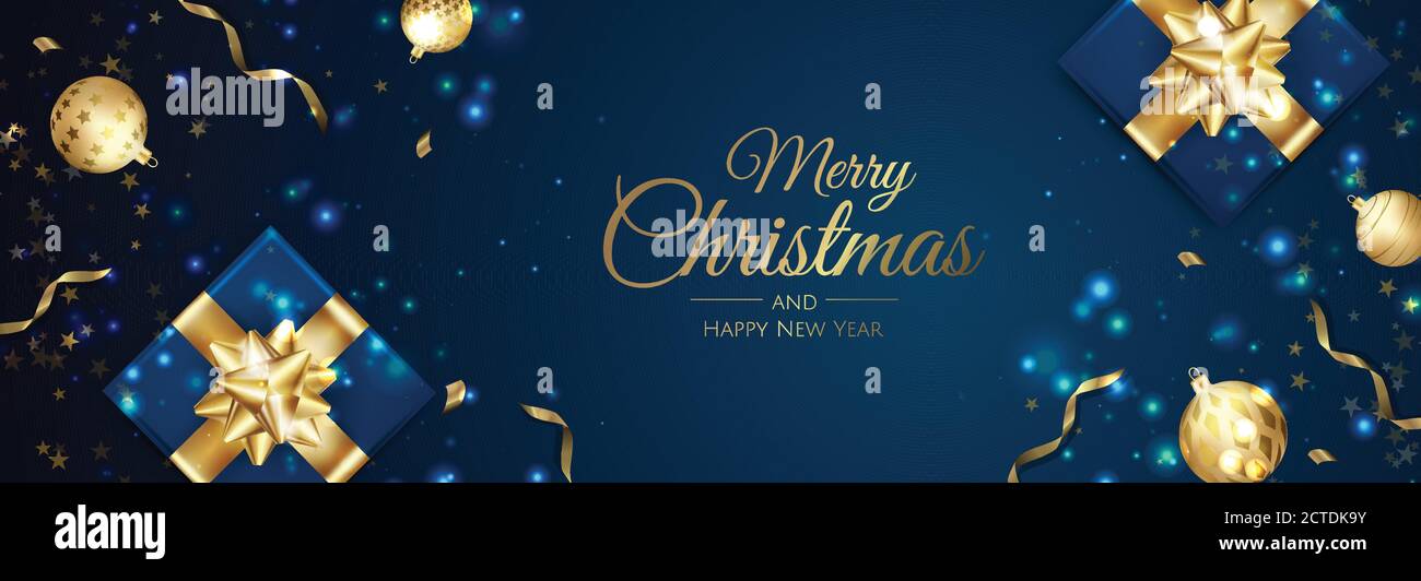Allegro Natale e felice Capodanno bianco banner illustrazione. Design xmas con oggetti 3d vettoriali realistici, palla di massa d'oro, fiocco di neve Illustrazione Vettoriale