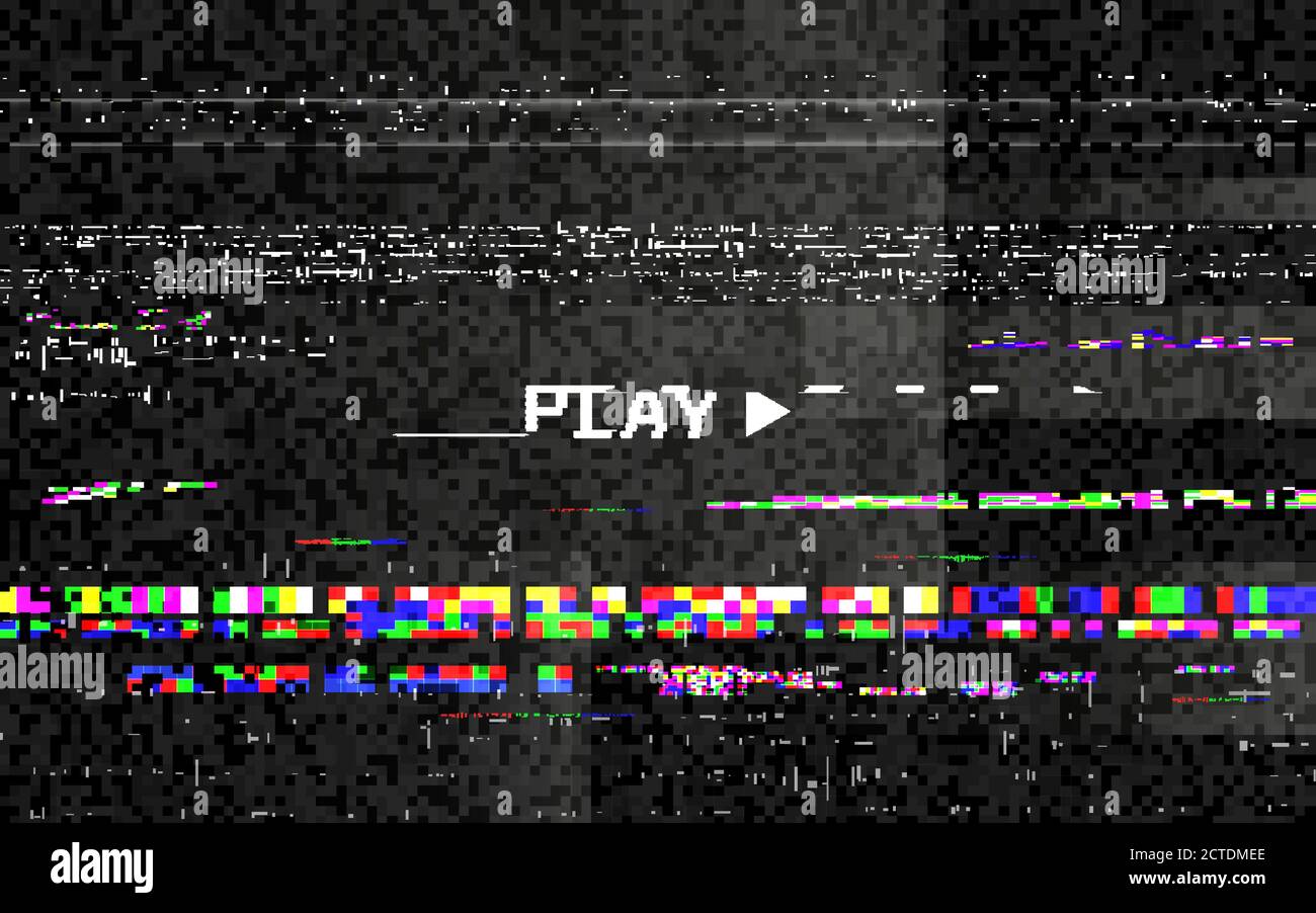 Gioco di glitch con effetto vhs. Distorsioni digitali a colori. Elementi casuali in movimento. Effetto dinamico futuristico. Concetto di problema video. Schermo TV. Vettore Illustrazione Vettoriale