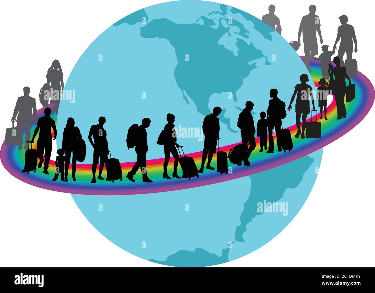 Viaggiatori - Migrantson sull'arcobaleno intorno alla terra Illustrazione Vettoriale