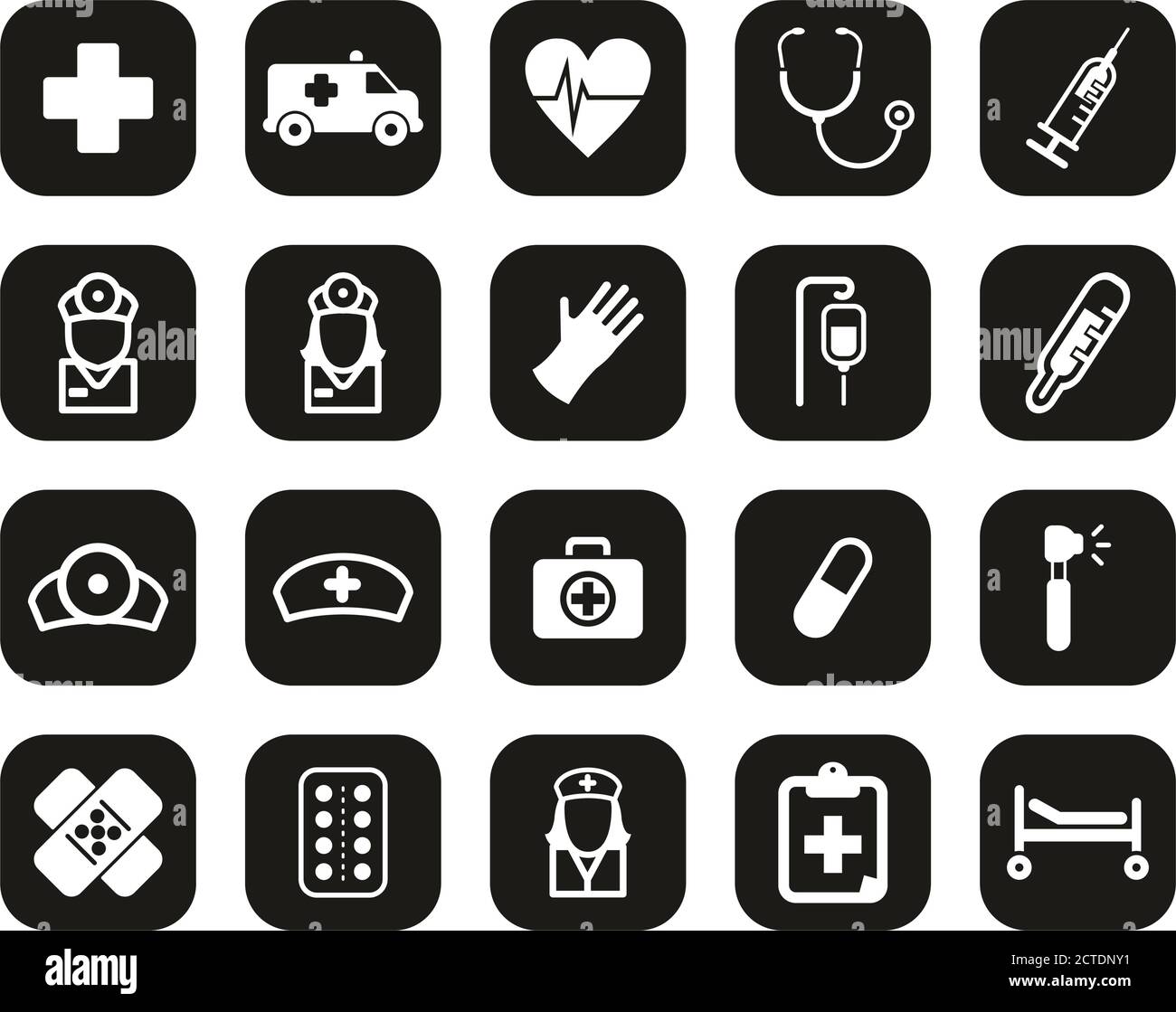 Icone del team di ambulanza o di emergenza bianche su un piano nero Set di design grande Illustrazione Vettoriale