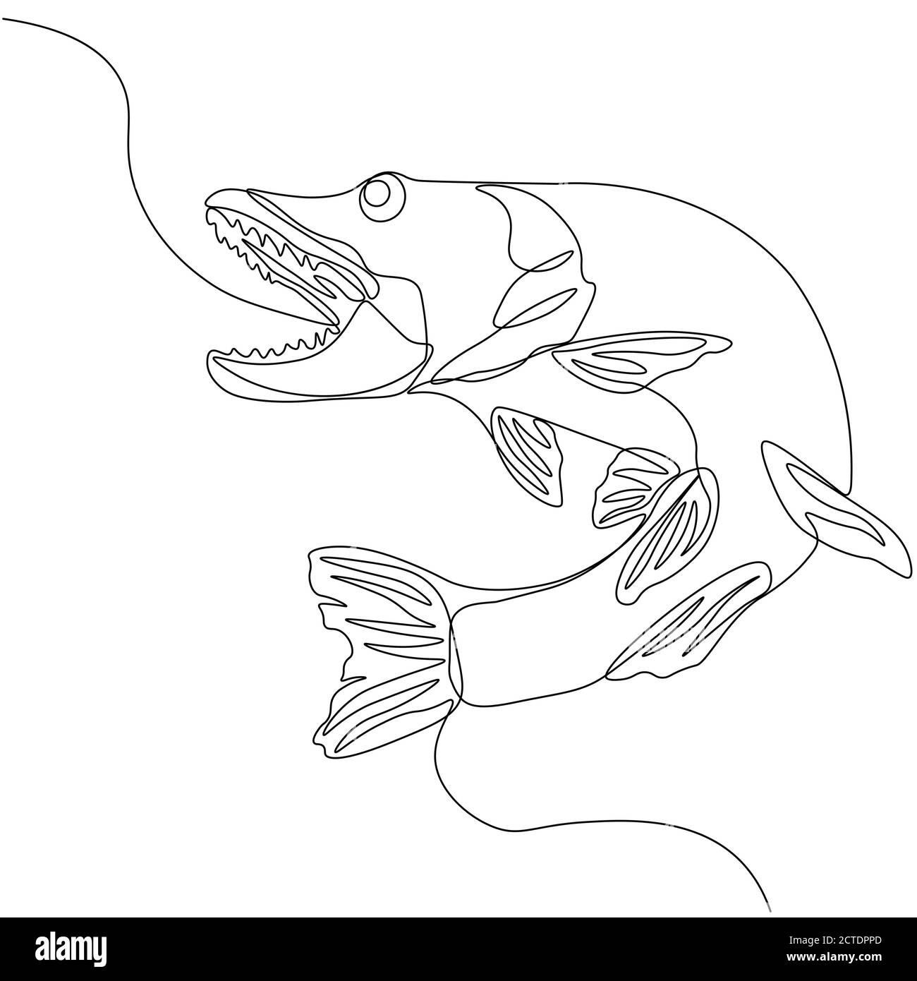 Pike. Silhouette a linea unica con design a base di pesce. Design del logo. Illustrazione vettoriale in stile minimalismo disegnata a mano. Illustrazione Vettoriale