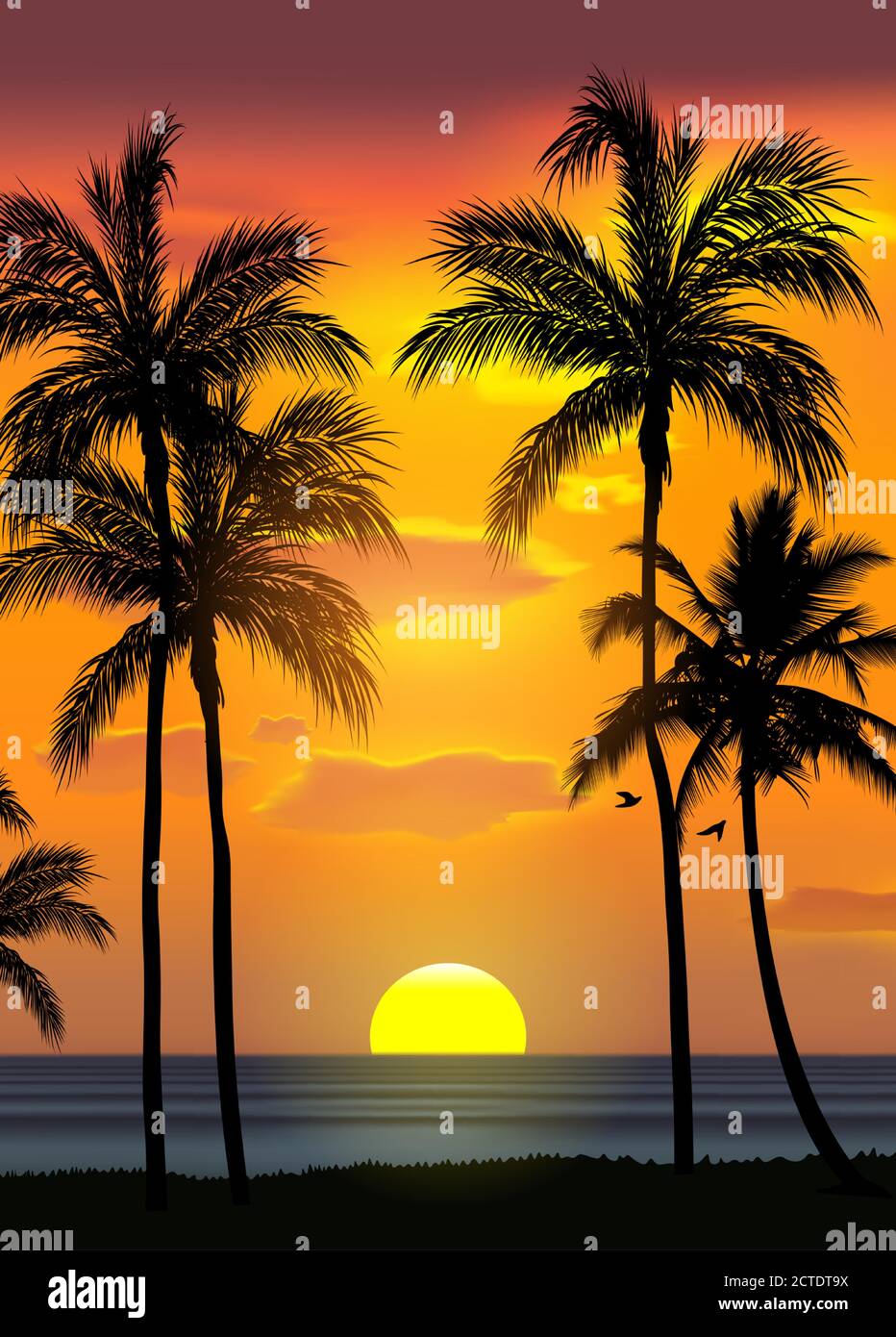 Estate tropicale spiaggia sfondo con palme, cielo alba e tramonto. Scheda di invito per il poster delle feste estive. Estate. Illustrazione Vettoriale