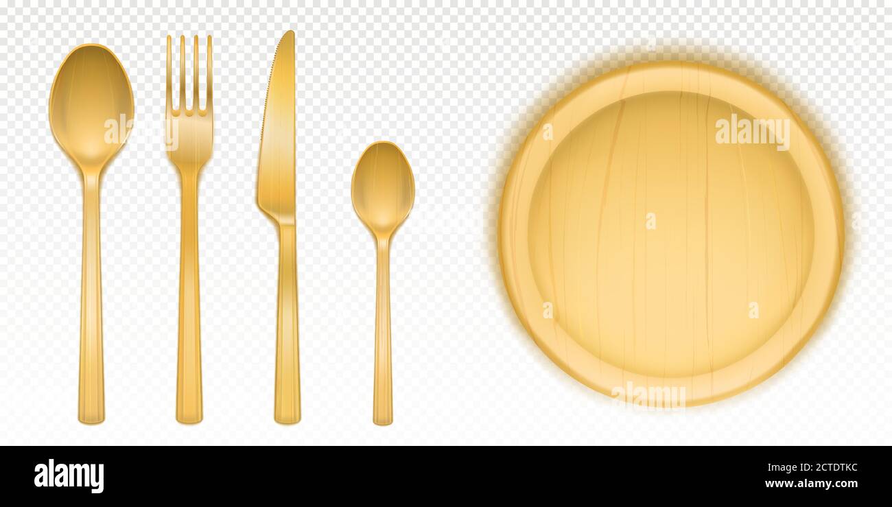 Posate in legno e vassoio rotondo per pizza al ristorante o alla mensa. Set vettoriale realistico di piatti e piastra circolare. Forchetta, cucchiai, coltello e piatto di legno o bambù isolati su sfondo trasparente Illustrazione Vettoriale